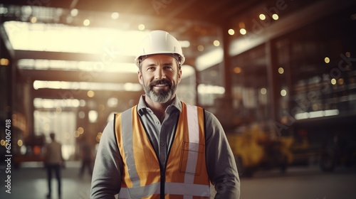 Engineer  portrait of man architect standing in front of construction site and arms crossed. Industrial or architecture  project or management and happy mature male worker with safety with generative 