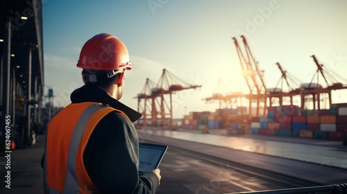 Engineer wearing uniform inspection and see detail on tablet with logistics container dock cargo yard with working crane bridge in shipyard with transport logistic import export with generative ai photo