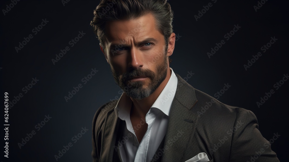 Intense Gaze: A man with a distinguished beard and piercing blue eyes stares intensely at the camera, his serious expression conveying a sense of confidence and power. Intense Gaze: A man with a distinguished beard and piercing blue eyes stares intensely at the camera, his serious expression conveying a sense of confidence and power.