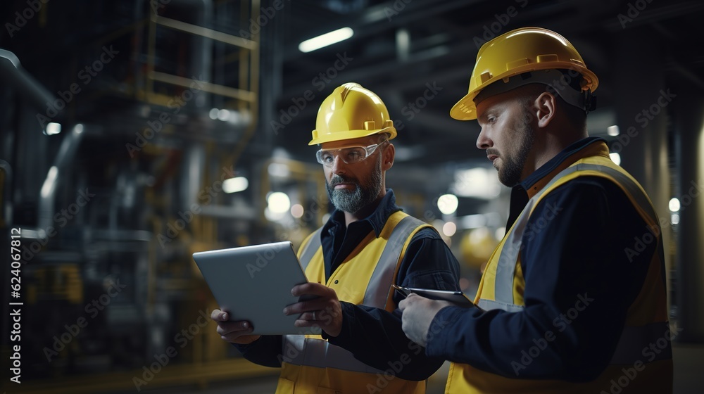 Heavy-duty industrial engineers stand in a pipeline manufacturing facility using digital tablet computers for the construction of products to transport oil, gas and fuel with generative ai Heavy-duty industrial engineers stand in a pipeline manufacturing facility using digital tablet computers for the construction of products to transport oil, gas and fuel with generative ai