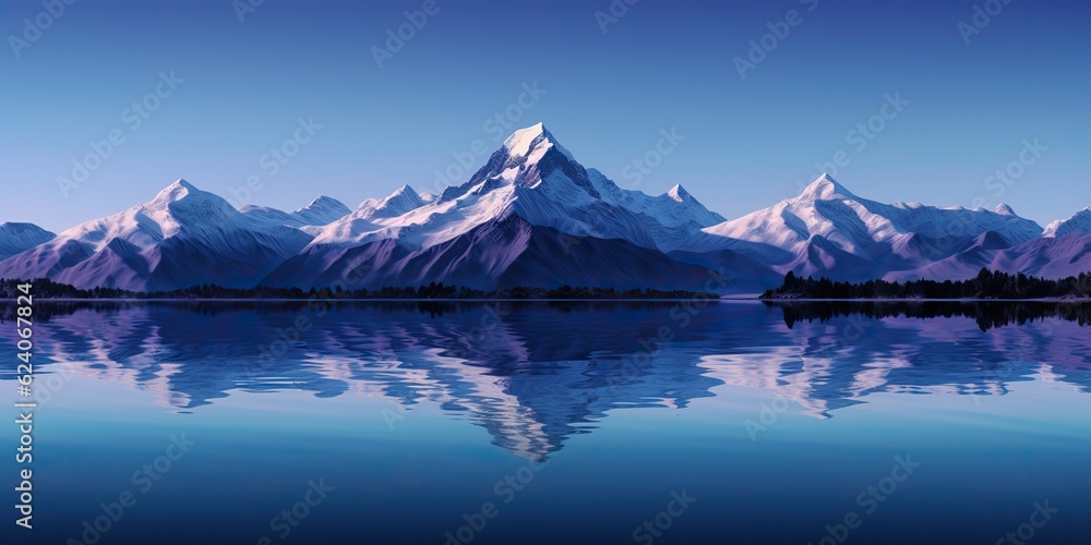 AI Generated. AI Generative. Outdoor nature background landscape mountain water sea lake refflection. Adventure vacation relaxing vibe. Graphic Art
