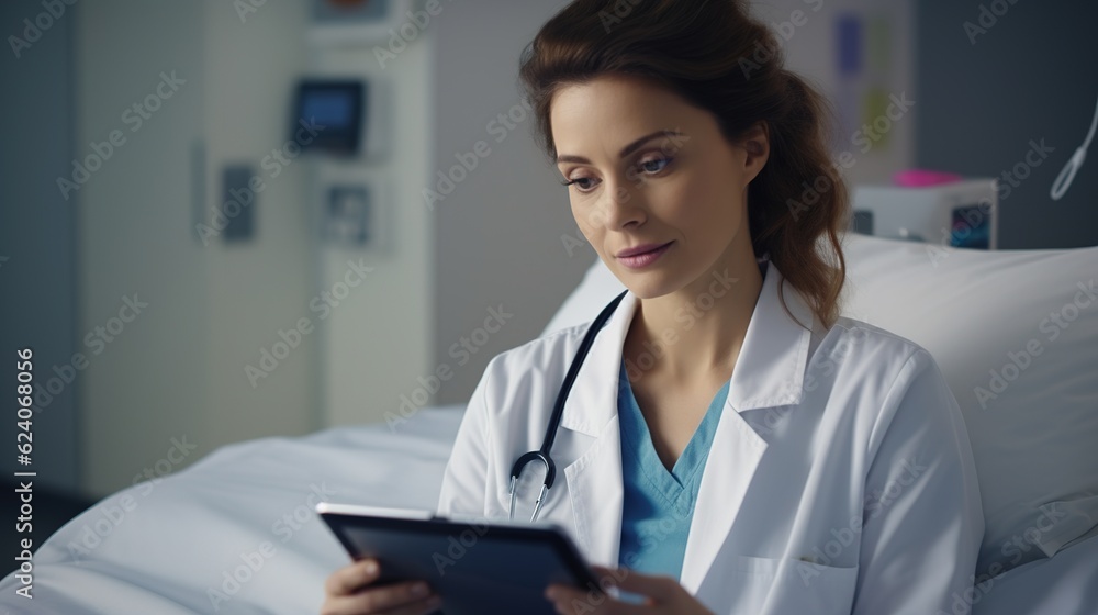 medicine, healthcare and people concept - female doctor with tablet pc computer talking to woman patient at hospital with generative ai medicine, healthcare and people concept - female doctor with tablet pc computer talking to woman patient at hospital with generative ai