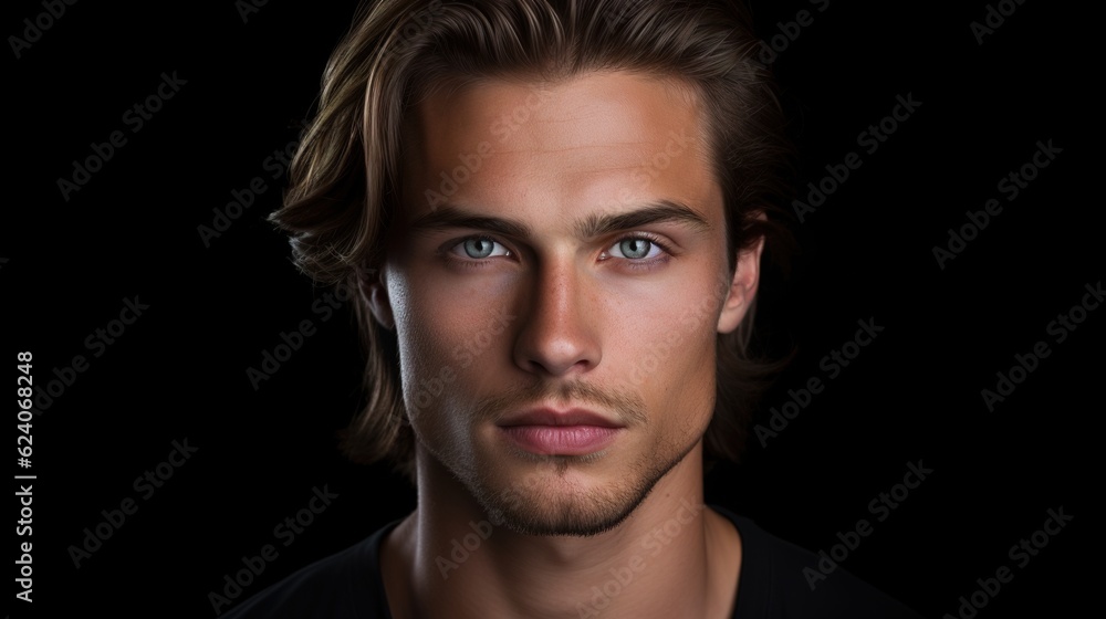 Intriguing Gaze: A captivating portrait of a young man with long brown hair and striking blue eyes, set against a dramatic black background. His intense gaze draws the viewer in. Intriguing Gaze: A captivating portrait of a young man with long brown hair and striking blue eyes, set against a dramatic black background. His intense gaze draws the viewer in.