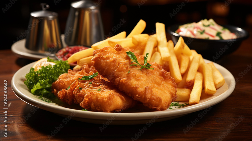 A plate of crispy fish and chips, with golden-brown battered fish fillets and a side of fries A plate of crispy fish and chips, with golden-brown battered fish fillets and a side of fries
