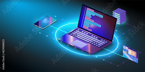 Cloud storage for downloading an isometric. A digital service or application with data transmission. Network computing technologies. Futuristic Server. Digital space. Data storage. Vector illustration
