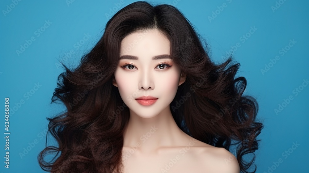 Young Asian beauty woman curly long hair with korean makeup style on face and perfect clean skin on isolated blue background. Facial treatment with generative ai Young Asian beauty woman curly long hair with korean makeup style on face and perfect clean skin on isolated blue background. Facial treatment with generative ai