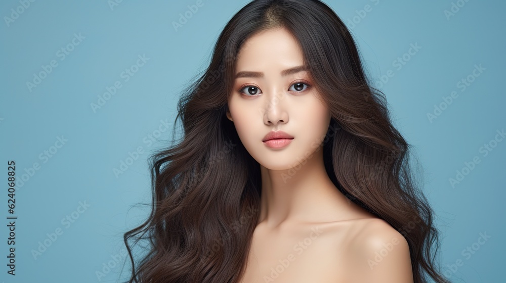 Young Asian beauty woman curly long hair with korean makeup style on face and perfect clean skin on isolated blue background. Facial treatment with generative ai Young Asian beauty woman curly long hair with korean makeup style on face and perfect clean skin on isolated blue background. Facial treatment with generative ai