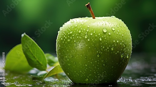 Fresh green apple fruit with leaf and drop water