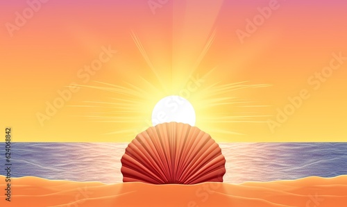  a painting of a shell on a beach at sunset with the sun shining over the water.  generative ai