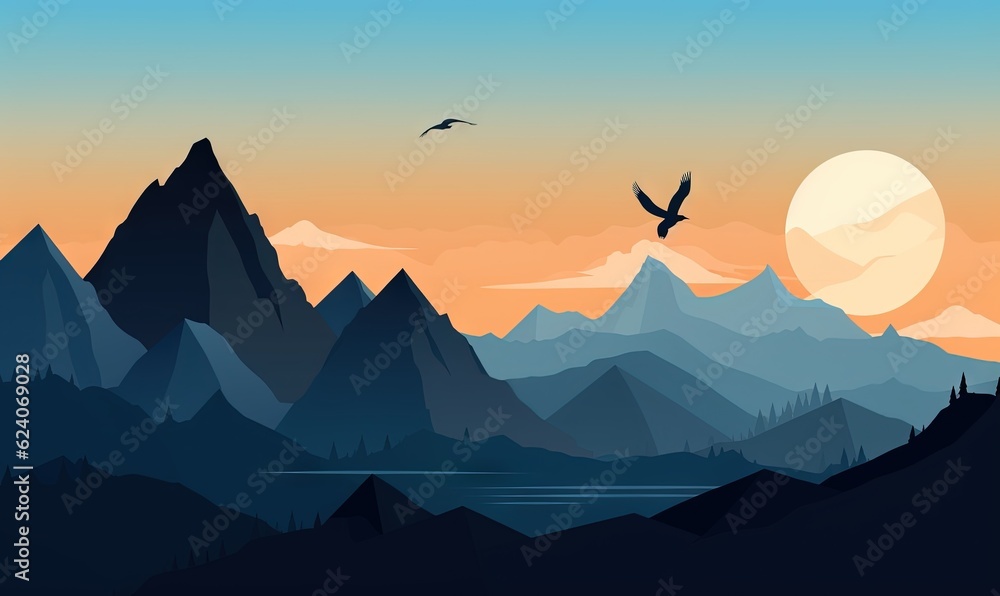  a bird flying over a mountain range with a sunset in the background.  generative ai
