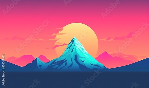 a mountain with a sunset in the background and a pink sky.  generative ai