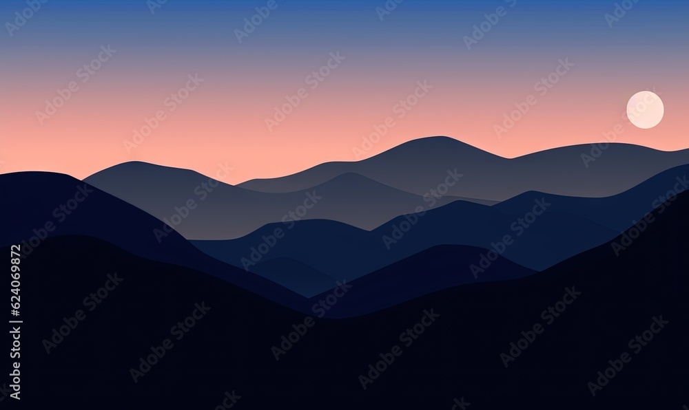  a mountain landscape with a sunset in the background and a moon in the sky.  generative ai