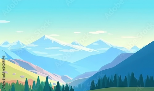  a painting of a mountain range with trees and mountains in the background.  generative ai