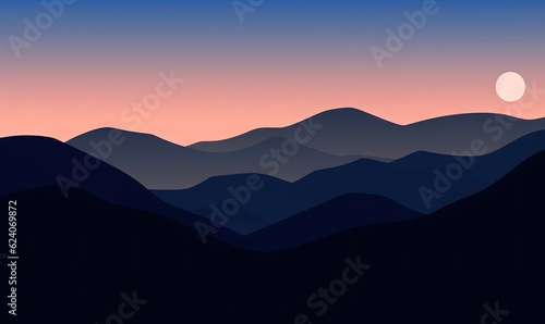  a mountain landscape with a sunset in the background and a moon in the sky. generative ai