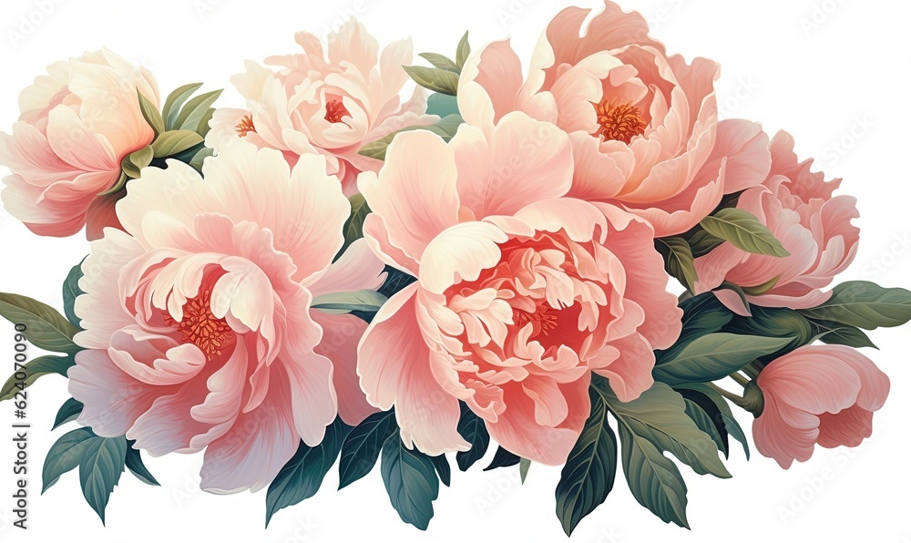  a bouquet of pink flowers with green leaves on a white background.  generative ai