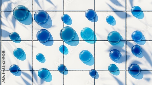 Water spheres on tiles. 3d illustration