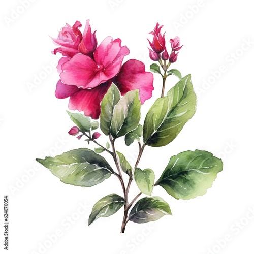  a watercolor painting of a pink flower with green leaves.  generative ai
