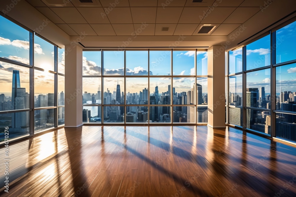View of a sunset from an empty floor platform with a modern metropolitan skyline in the background. View of a sunset from an empty floor platform with a modern metropolitan skyline in the background.