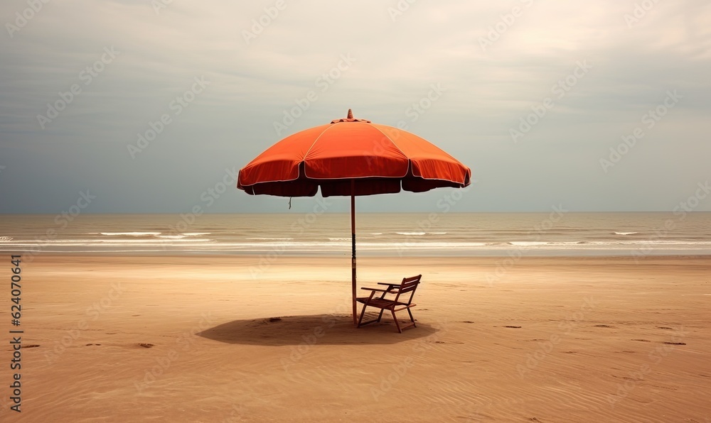  an orange umbrella and two chairs on a beach near the ocean.  generative ai