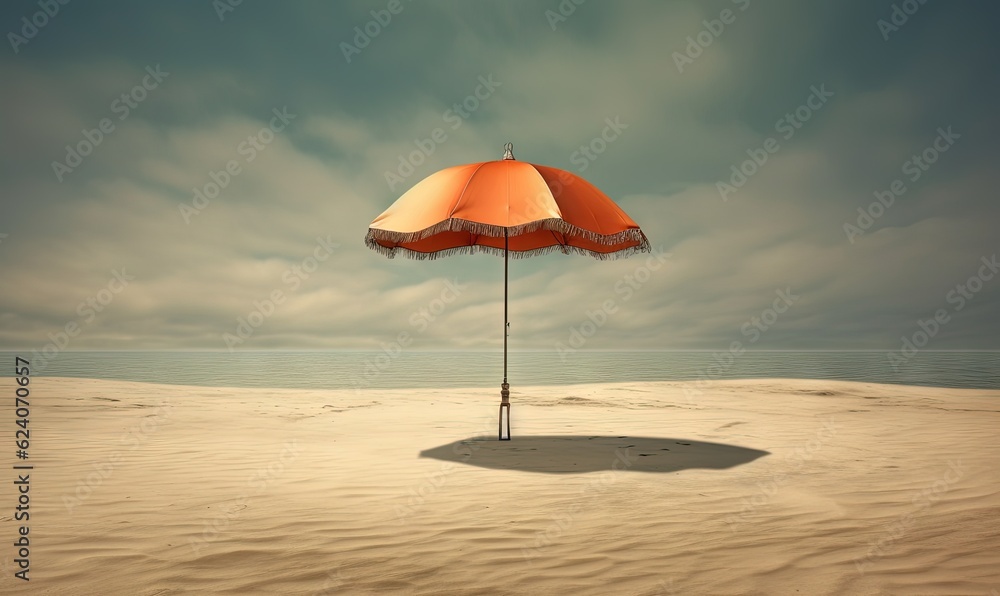  an orange umbrella sitting in the middle of a sandy beach.  generative ai