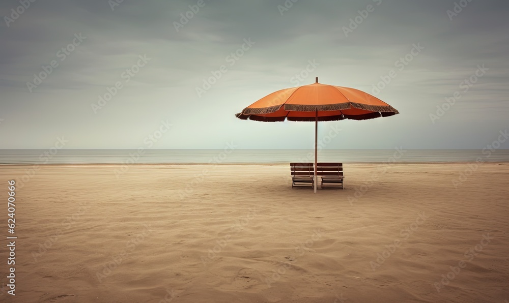  a bench under an umbrella on a beach with the ocean in the background.  generative ai
