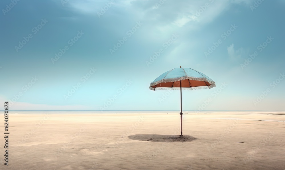  an umbrella on a beach with a blue sky in the background.  generative ai