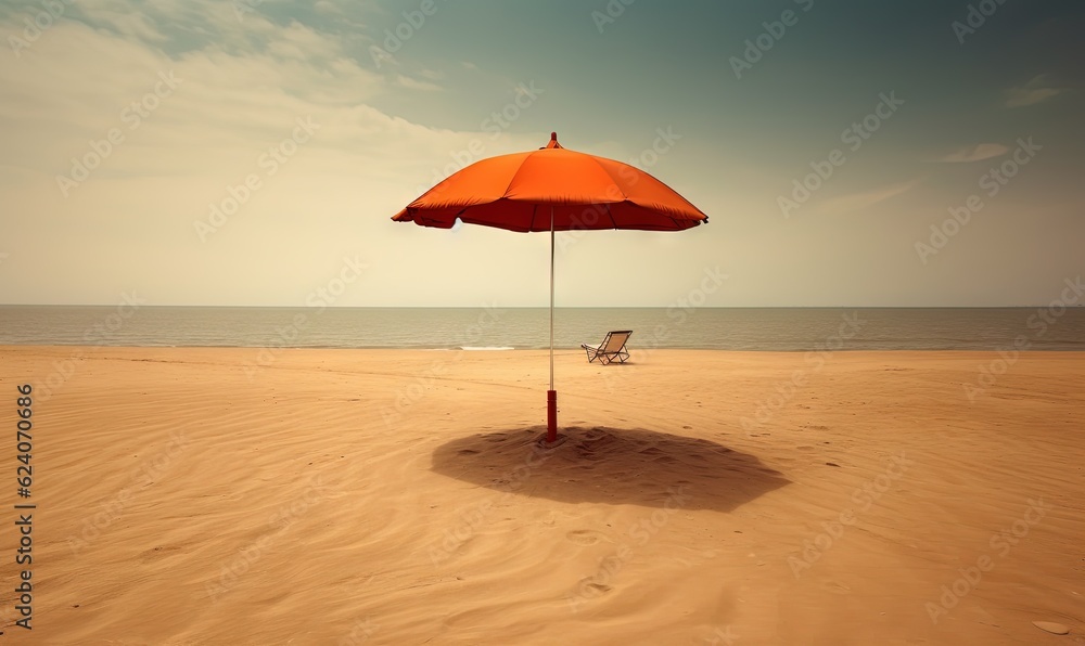  an umbrella and chair on a beach with the ocean in the background.  generative ai