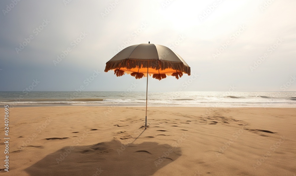  an umbrella is on a beach near the water and sand.  generative ai