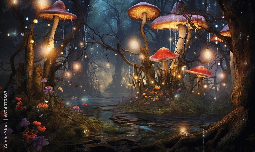 Naklejka premium a painting of a forest with mushrooms and fairy lights in the trees. generative ai
