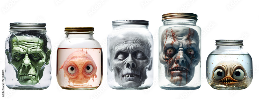 têtes de monstres dans des bocaux en verre