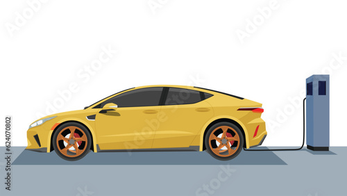Fototapeta Naklejka Na Ścianę i Meble -  Electric Vehicle mini car charging parking at the charger station with a plug in cable.  Charging in the rear side of car to battery. Isolated flat vector illustration on white background.