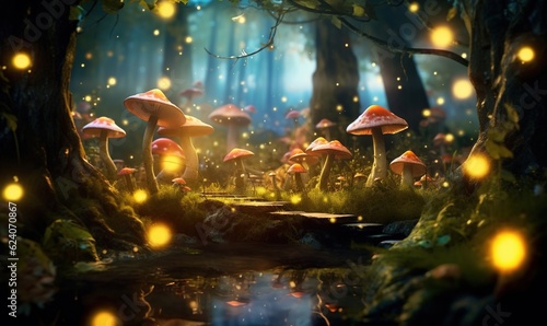  a group of mushrooms that are in the woods near a stream. generative ai