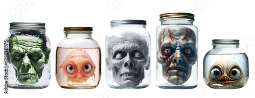 Tableau sur toile têtes de monstres dans des bocaux en verre