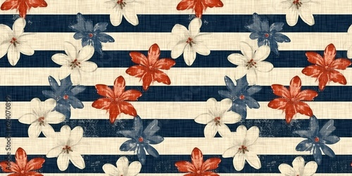 Rustic americana seamless border in traditional red, white and blue colors. Modern and fun, great country cottage house decor, folk art fashion, textiles and 4th of July ribbon scrapbook paper.