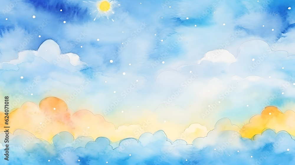Watercolor kids drawing of a beatiful sky with clouds and sun