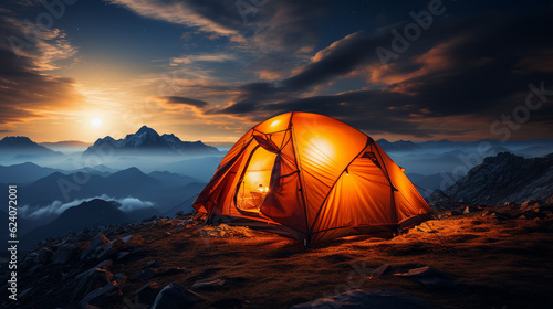 orange tent on high mountain, generative ai