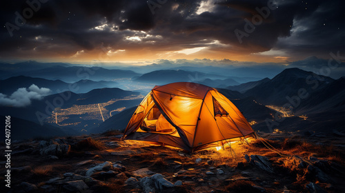 orange tent on high mountain, generative ai