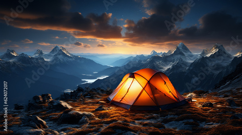 orange tent on high mountain, generative ai