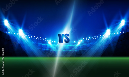 Football arena field with bright stadium lights vs letters for sports and fight competition vector design