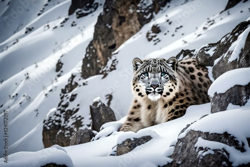 snow leopard on the top of the mountain generated ai 
