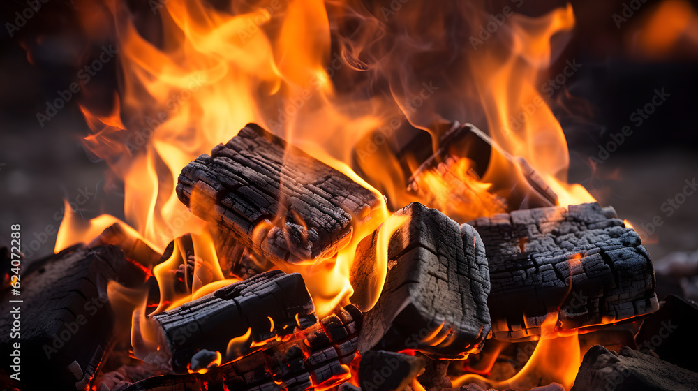 Fototapeta premium Closeup of burning coals from a fire, barbeque fire grilling campfire barbecue background