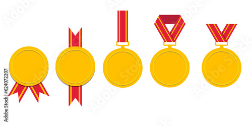 Set of Gold medals. Champion winner award medal. Honor badges flat isolated vector set. Vector set of Golden award and medal trophy illustration 10 eps.
