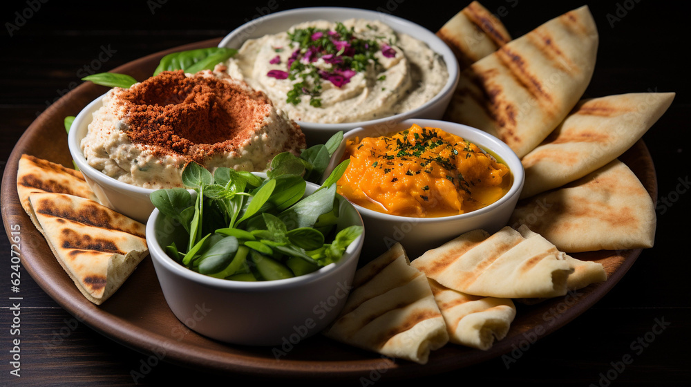 A platter of assorted Mediterranean dips, including hummus, baba ganoush, and tzatziki, served with pita bread