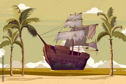 Pirate Ship and Galleon at a beach with sky and sea background