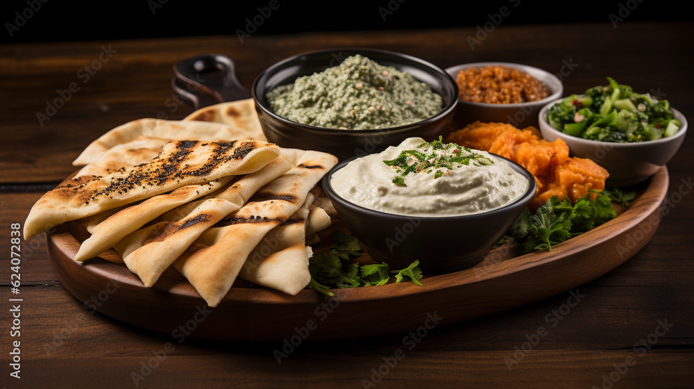 A platter of assorted Mediterranean dips, including hummus, baba ganoush, and tzatziki, served with pita bread A platter of assorted Mediterranean dips, including hummus, baba ganoush, and tzatziki, served with pita bread