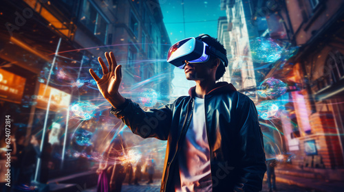 User immersed in augmented reality environment wearing a VR headset, seamlessly blending digital elements with physical world, experiencing innovative gaming and learning opportunities © bornmedia