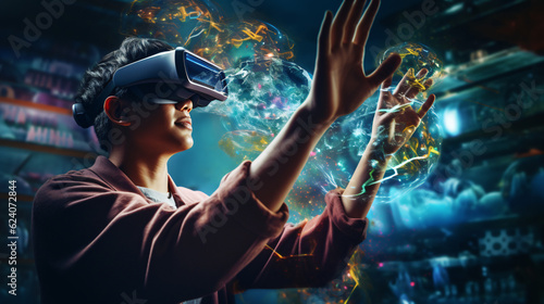 User immersed in augmented reality environment wearing a VR headset, seamlessly blending digital elements with physical world, experiencing innovative gaming and learning opportunities