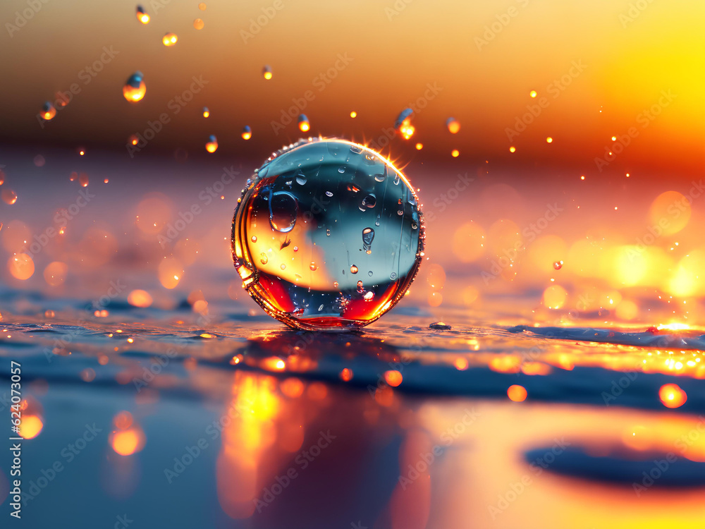 Falling raindrops at sunset, on a defocused background, close-up, macro photography of water droplets Falling raindrops at sunset, on a defocused background, close-up, macro photography of water droplets
