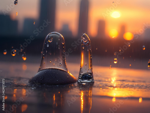 Falling raindrops at sunset, on a defocused background, close-up, macro photography of water droplets