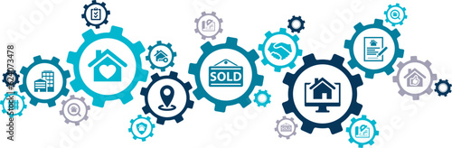 Real estate vector illustration. Blue concept with connected icons on property sales & listings, realtor agency & contractor, residential property, investment, housing project, property development.